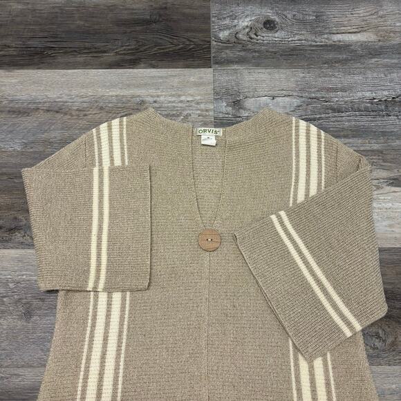 Orvis Oatmeal Striped Womens Medium Wide Bell Sleeve‎ Single Button Knit Sweater - Picture 1 of 10